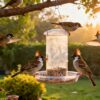 Hanging bird feeder Pakistan with colorful sparrows and bulbuls feeding in beautiful garden setting