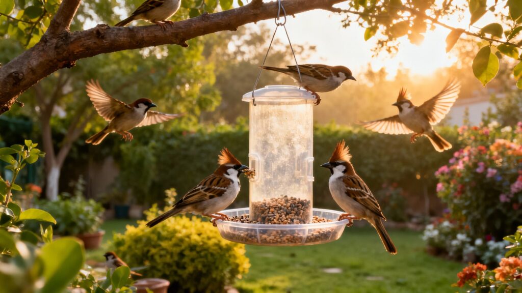 Hanging bird feeder Pakistan with colorful sparrows and bulbuls feeding in beautiful garden setting