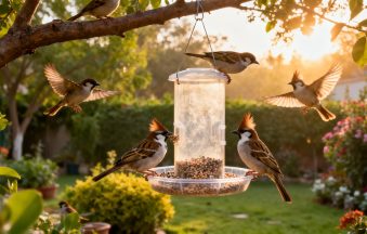 Hanging bird feeder Pakistan with colorful sparrows and bulbuls feeding in beautiful garden setting